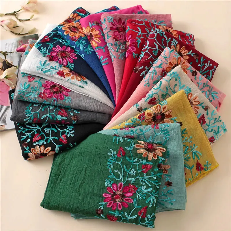 2023 Plain Embroider Floral Viscose Shawl Scarf From Indian Bandana Print Cotton Scarves and Wraps Soft Foulard Muslim Hijab.