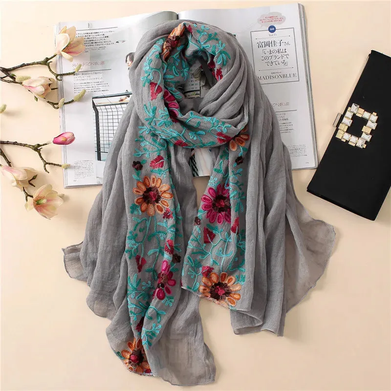 2023 Plain Embroider Floral Viscose Shawl Scarf From Indian Bandana Print Cotton Scarves and Wraps Soft Foulard Muslim Hijab.