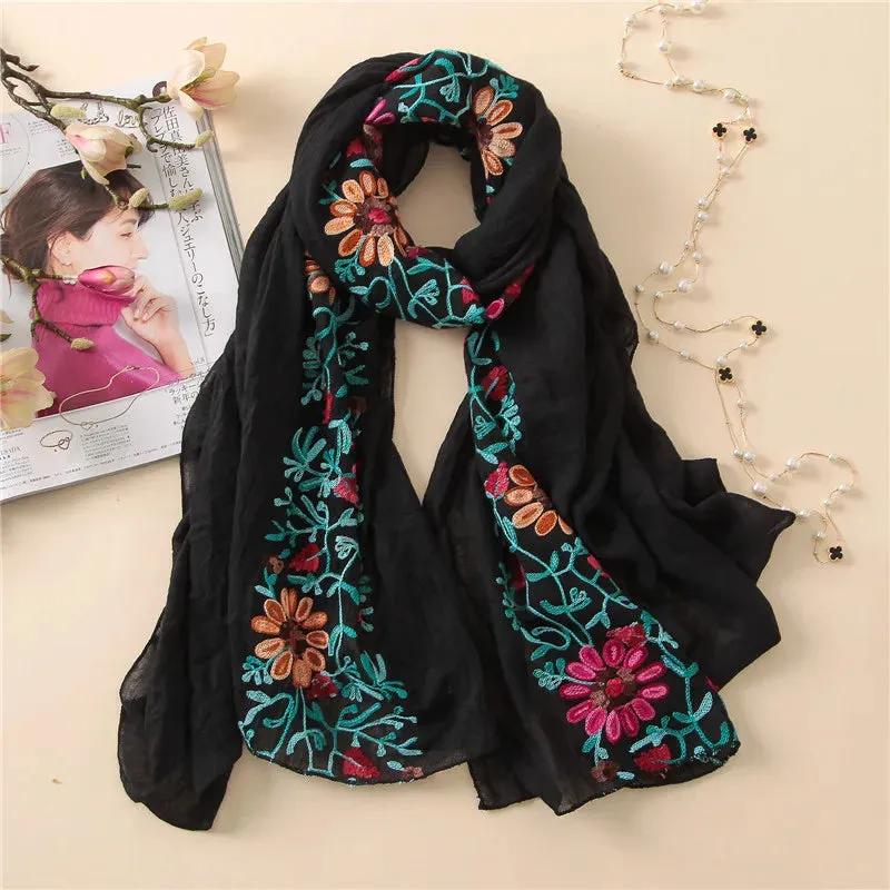 2023 Plain Embroider Floral Viscose Shawl Scarf From Indian Bandana Print Cotton Scarves and Wraps Soft Foulard Muslim Hijab.