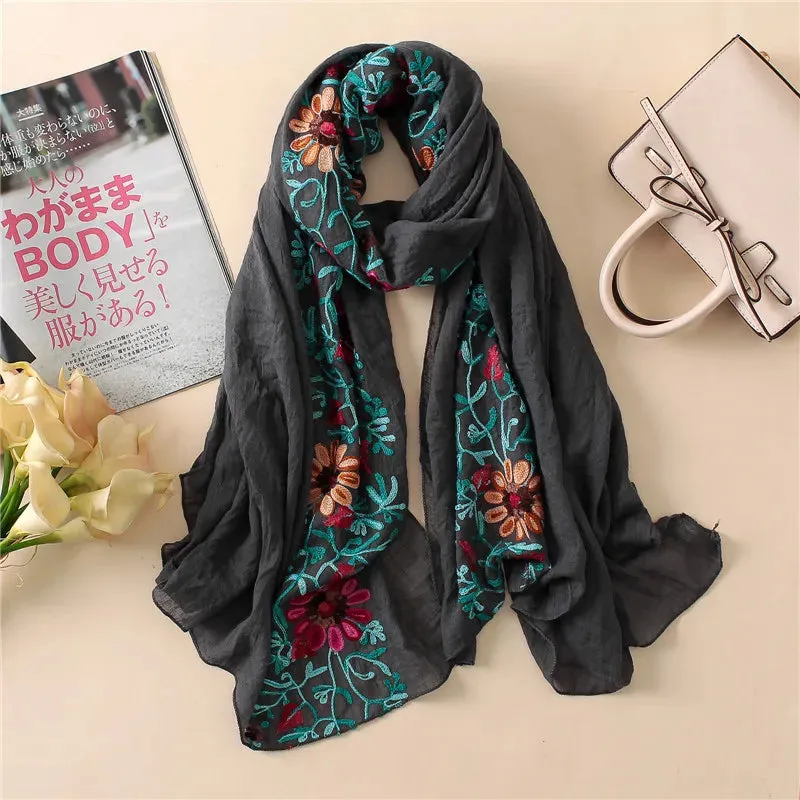 2023 Plain Embroider Floral Viscose Shawl Scarf From Indian Bandana Print Cotton Scarves and Wraps Soft Foulard Muslim Hijab.