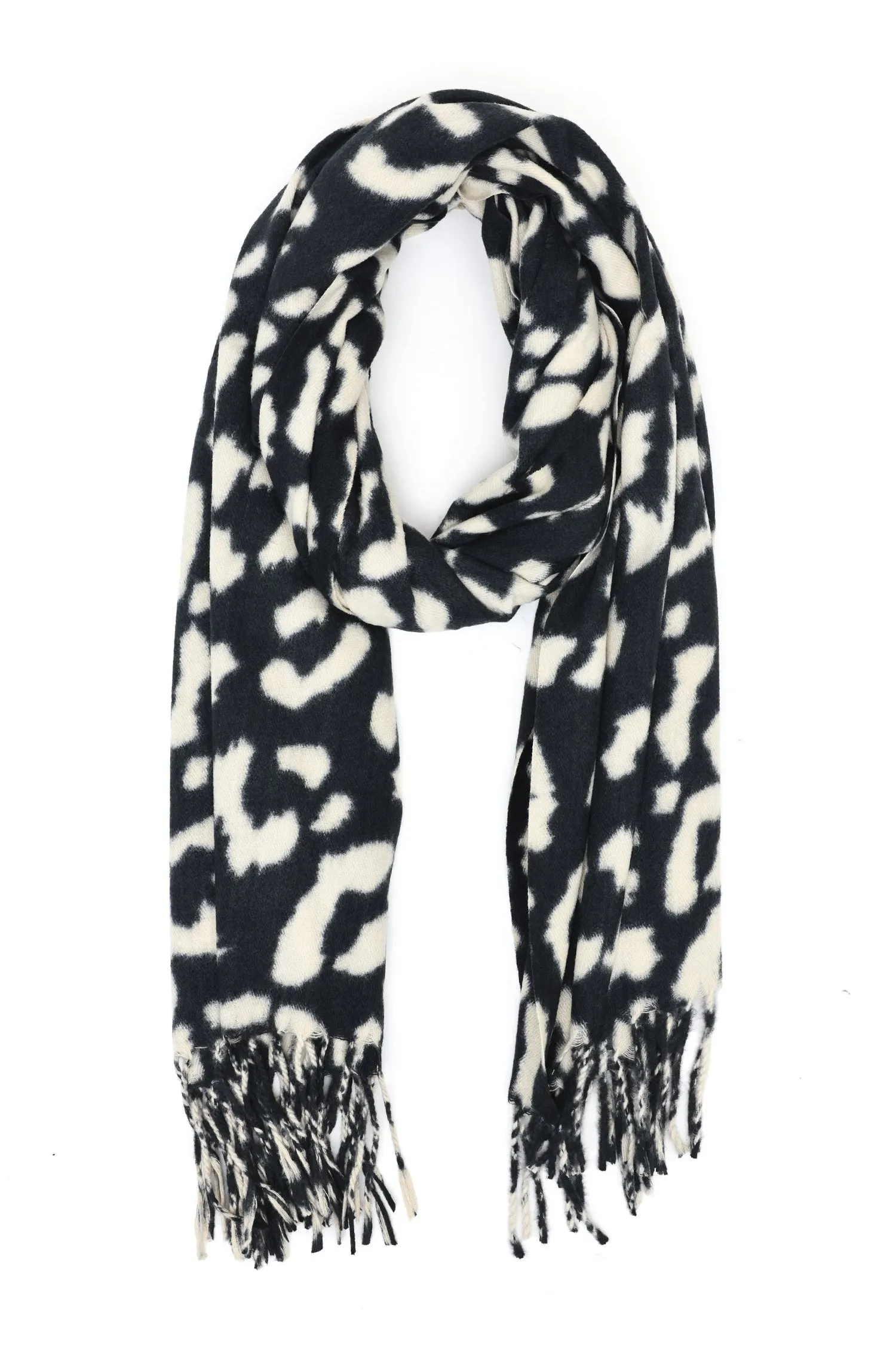 ABSTRACT PRINT FRINGED SCARF-BLK-WHT