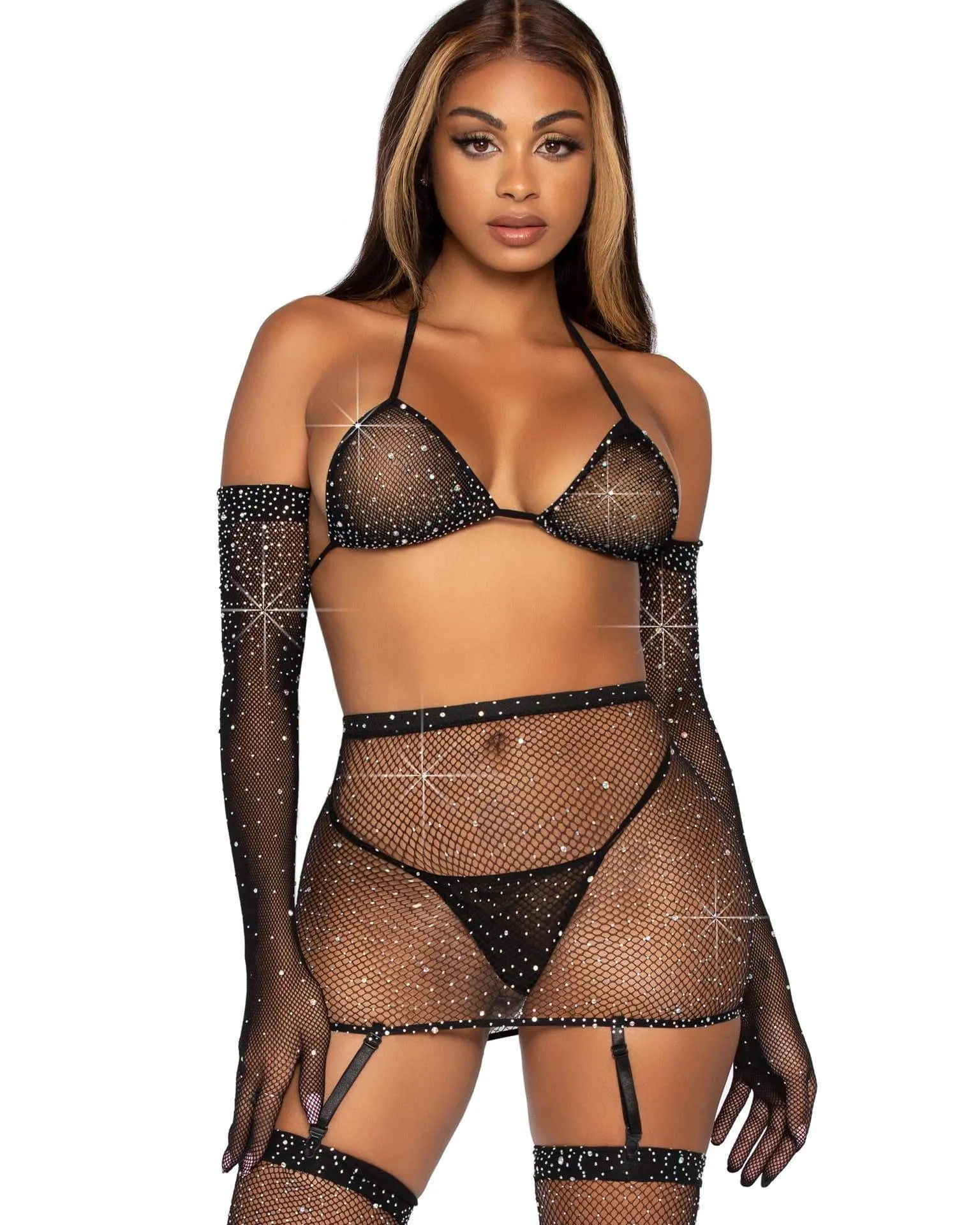 Black Starlight Sparkle 5pc Fishnet Set