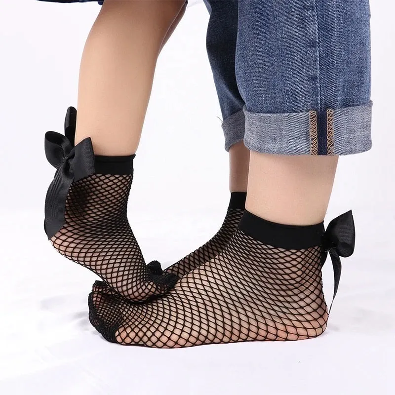 Bow net socks Lolita white lace fishnet socks