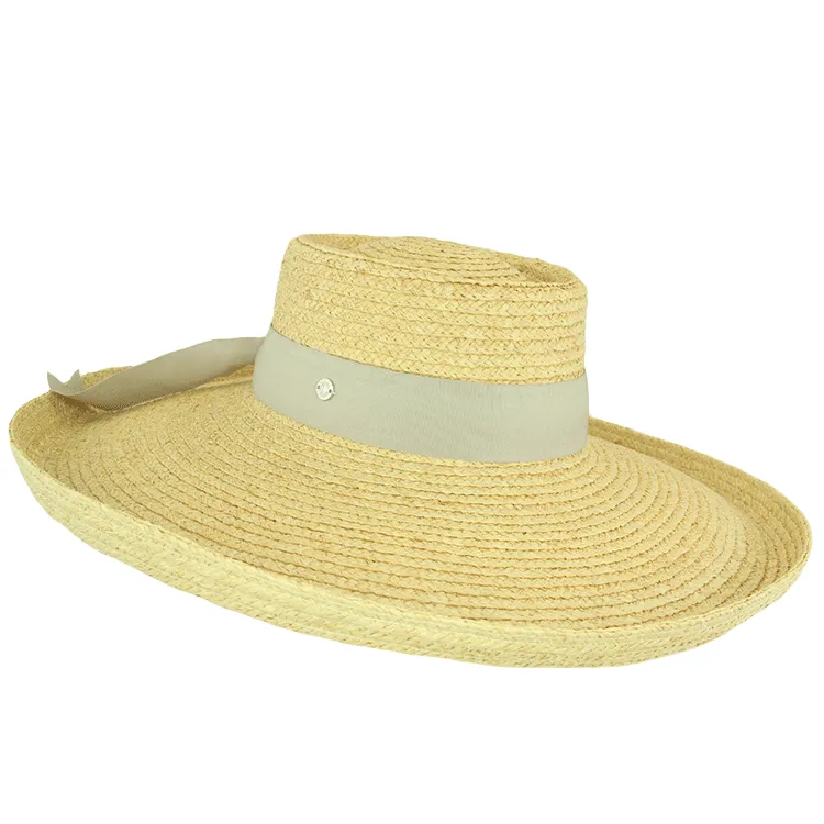 Cherry Red Ladies Wide Brim Raffia Plantation Hat - Natural/Grey