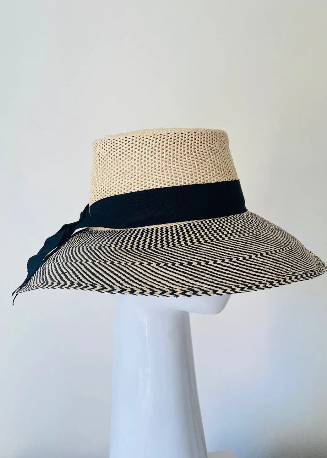 Cream and Black Wide Brim Panama Sunhat