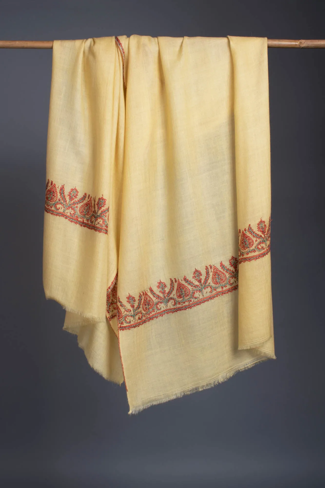 Cream Yellow Embroidered Cashmere Scarf - VILLA