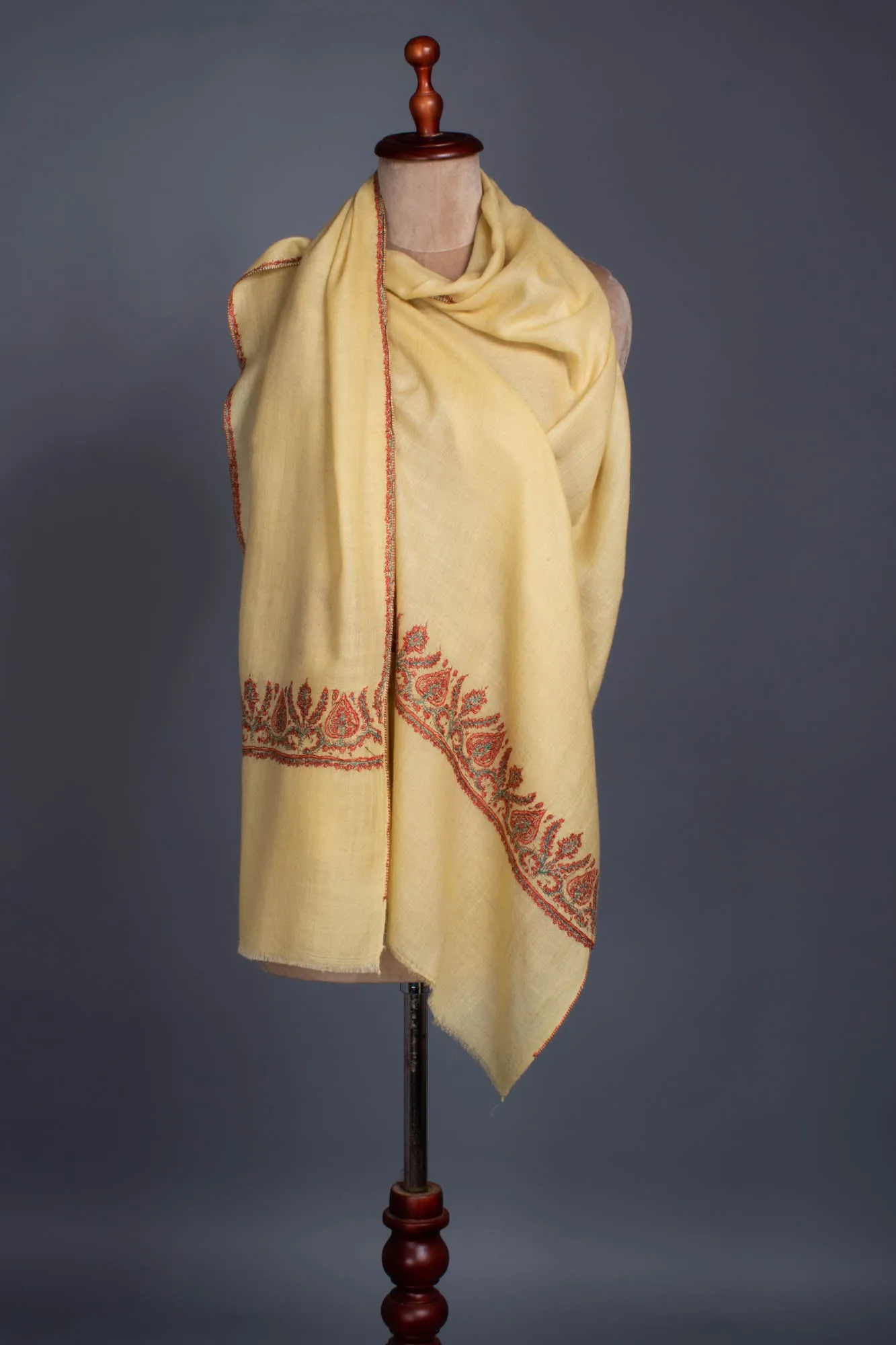 Cream Yellow Embroidered Cashmere Scarf - VILLA