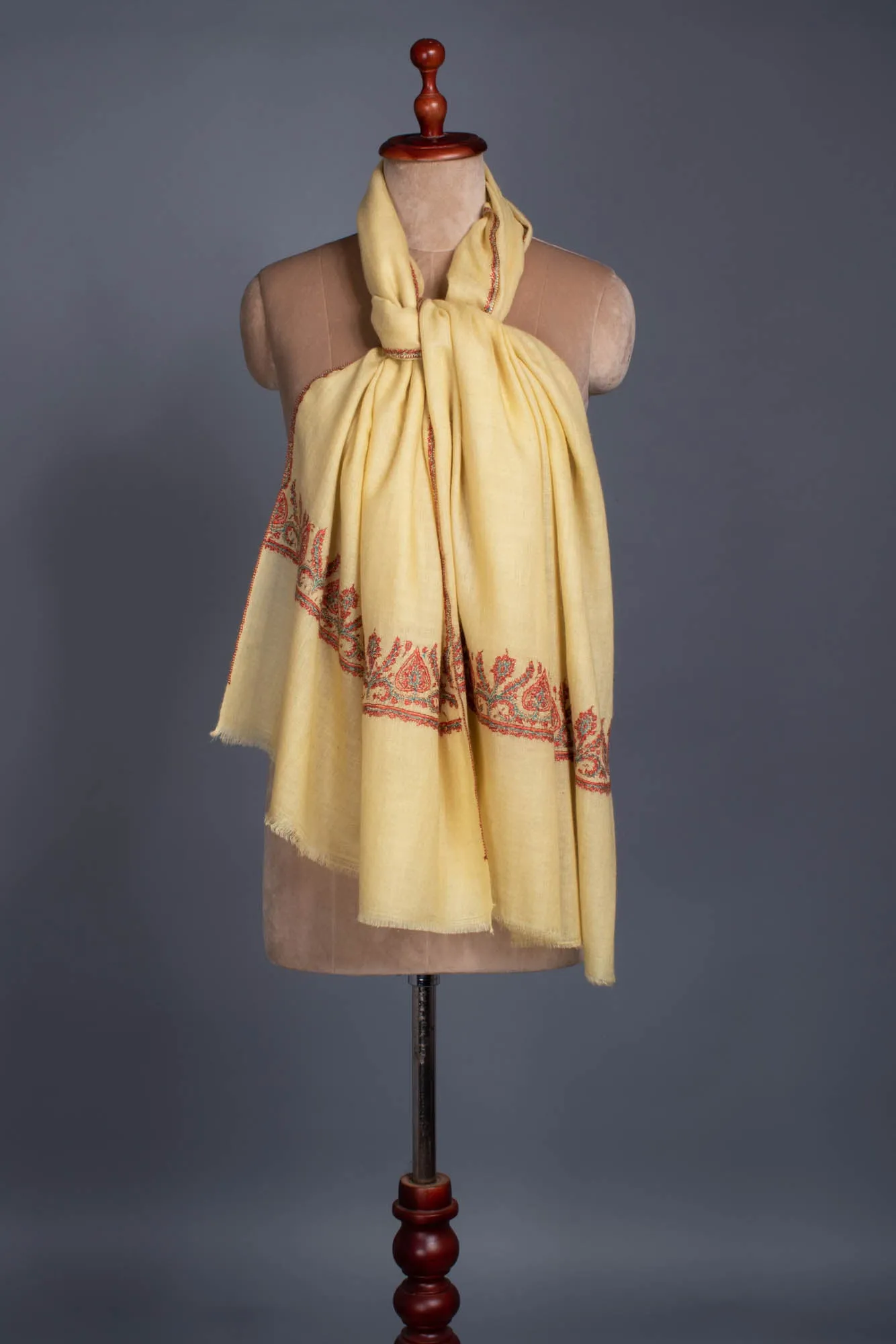 Cream Yellow Embroidered Cashmere Scarf - VILLA