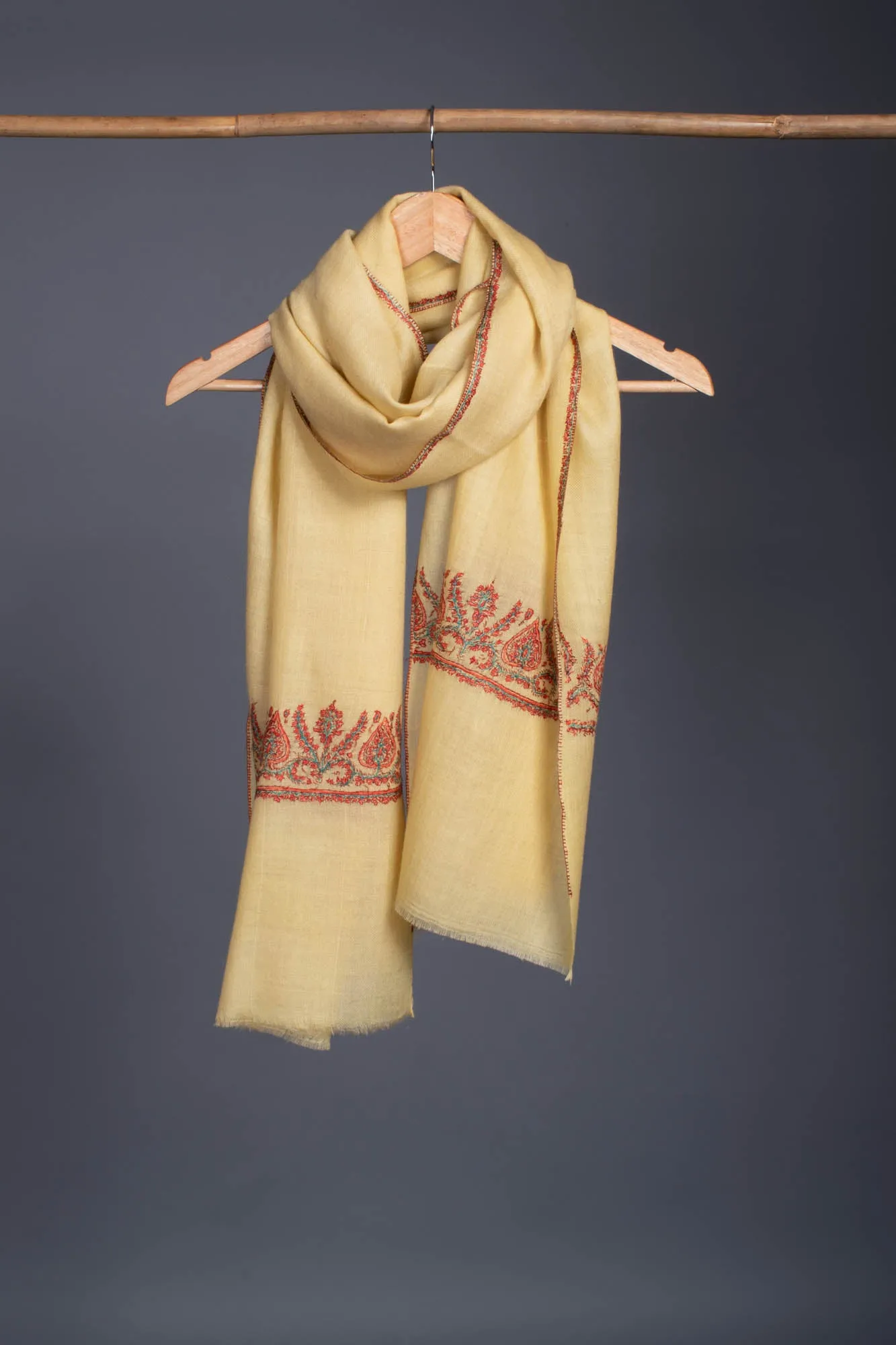 Cream Yellow Embroidered Cashmere Scarf - VILLA