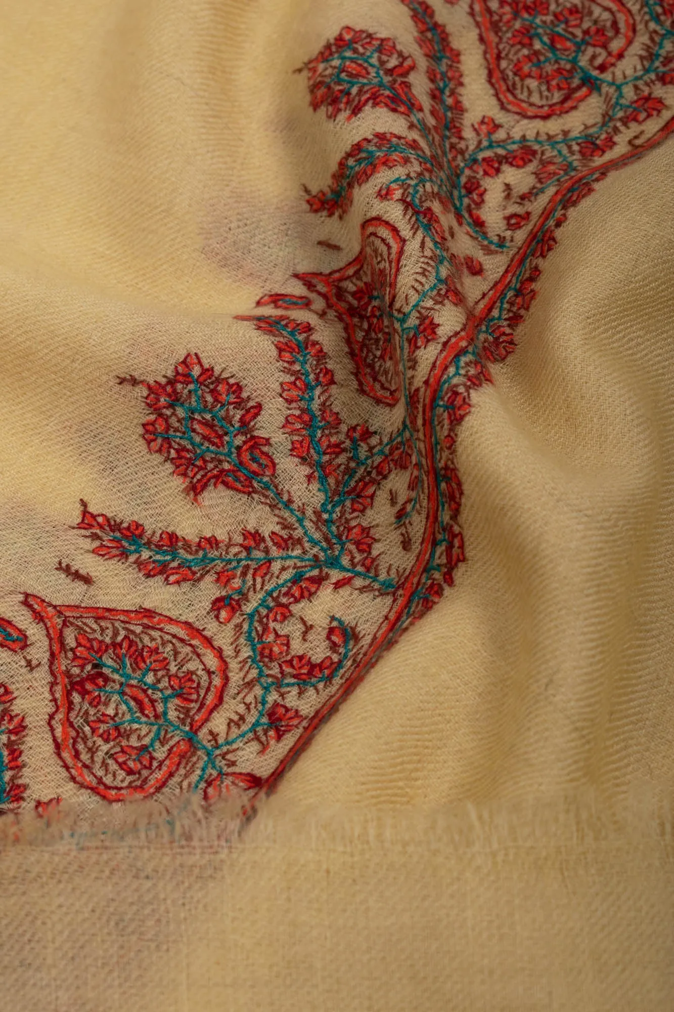 Cream Yellow Embroidered Cashmere Scarf - VILLA