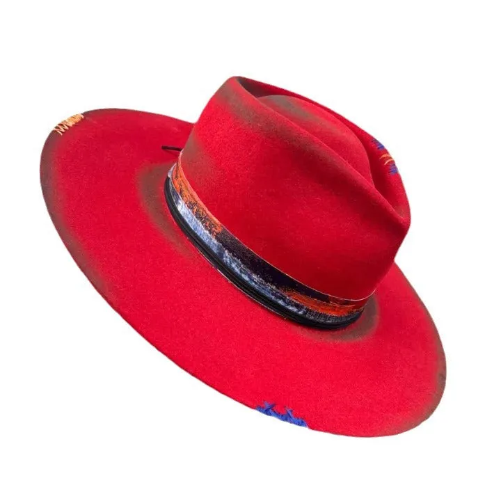 Distressed Fedora with Red Multi-color Patchwork Design