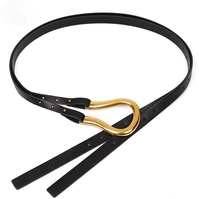 Double Layer Knotted Thin Long Straps U-Shaped Buckle Vegan Leather Waist Belts