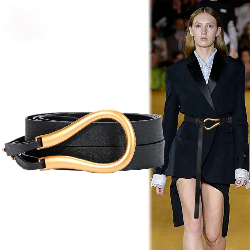 Double Layer Knotted Thin Long Straps U-Shaped Buckle Vegan Leather Waist Belts