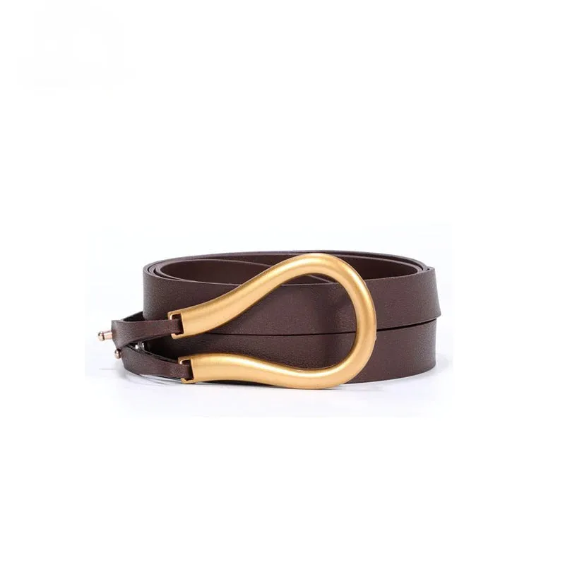 Double Layer Knotted Thin Long Straps U-Shaped Buckle Vegan Leather Waist Belts