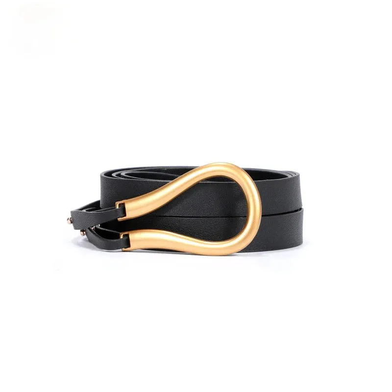 Double Layer Knotted Thin Long Straps U-Shaped Buckle Vegan Leather Waist Belts