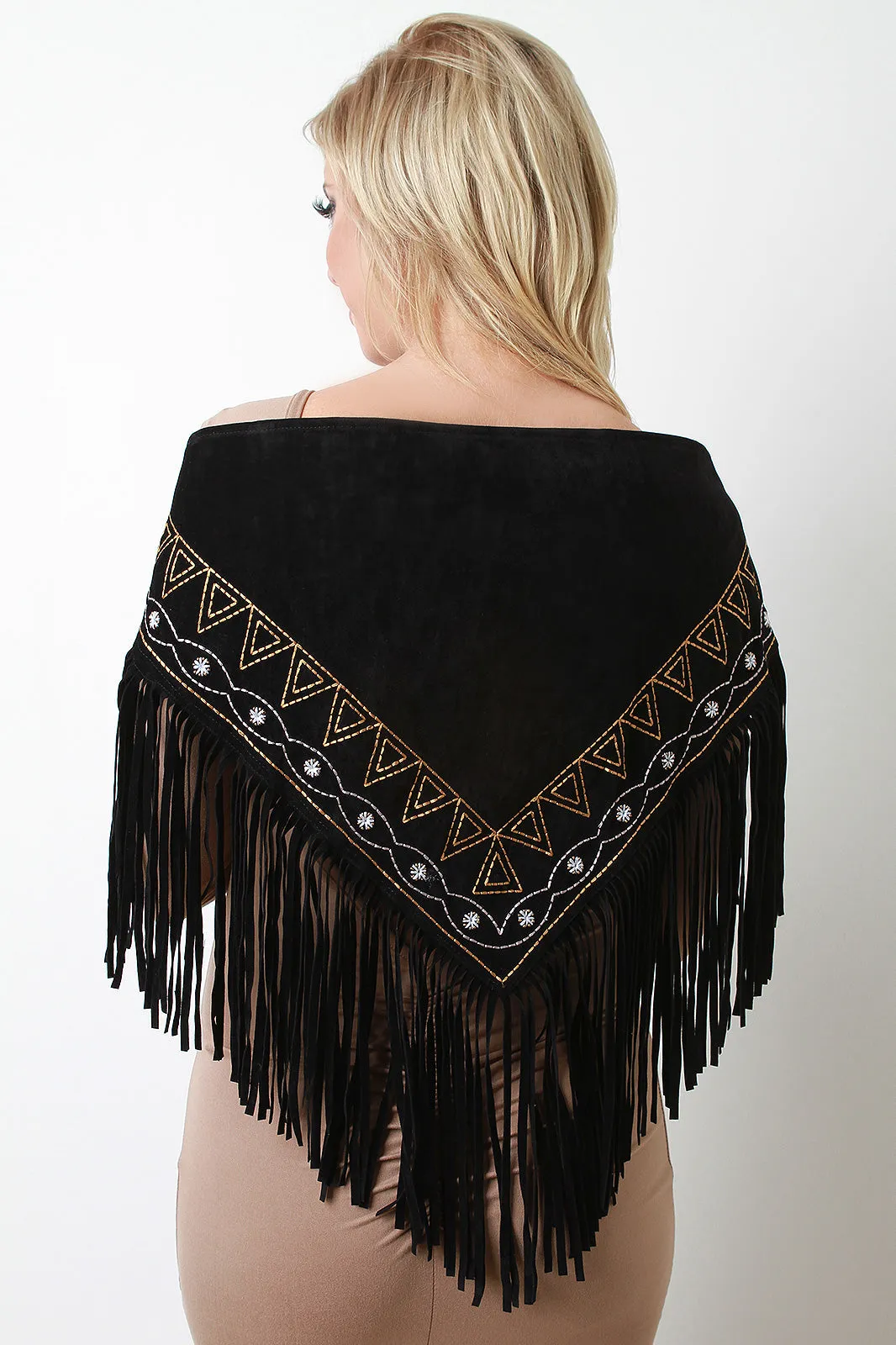 Embroidered Fringe Suede Triangle Scarf