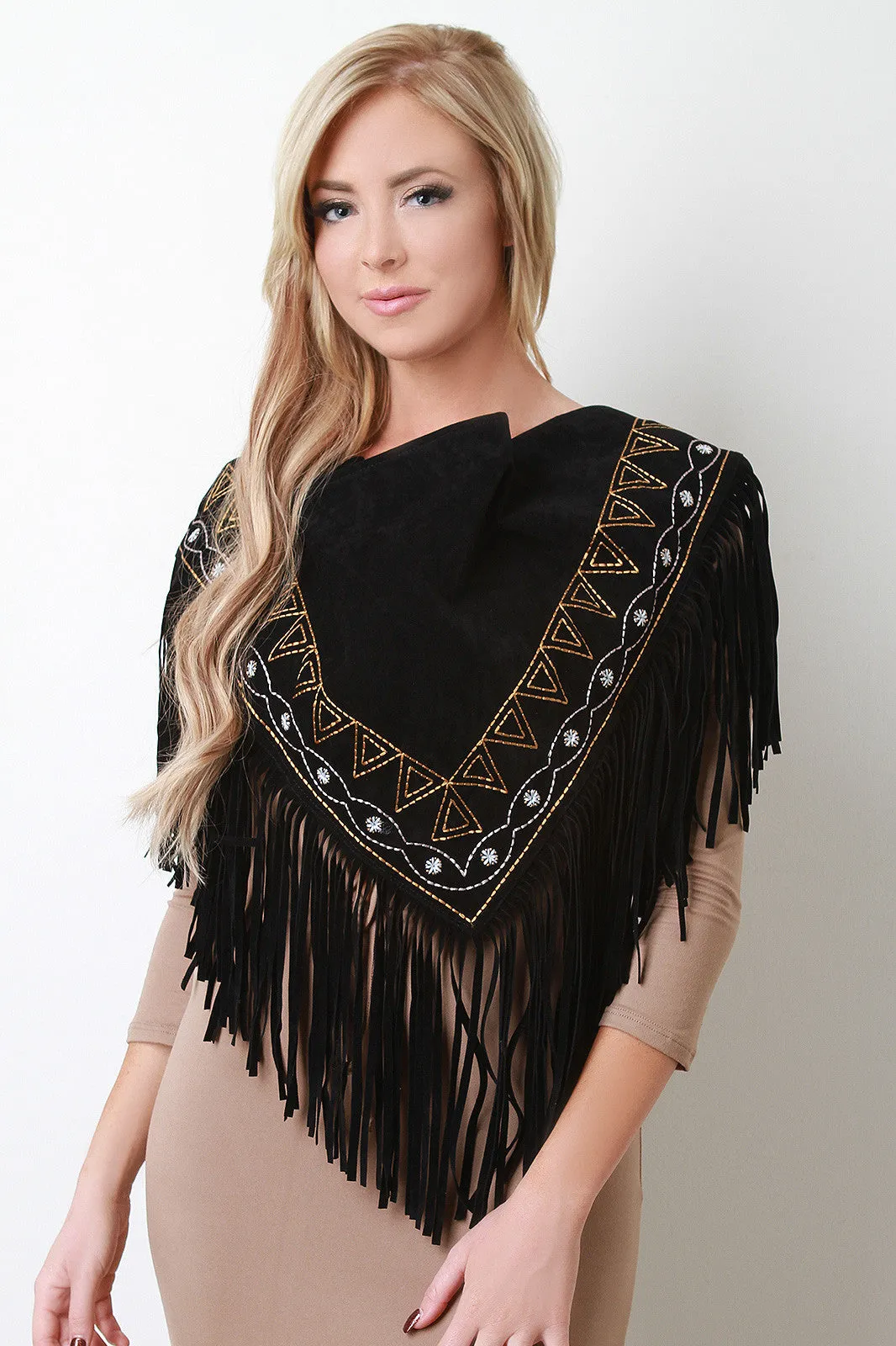 Embroidered Fringe Suede Triangle Scarf