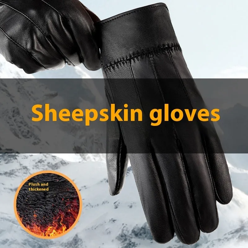 Genuine Leather Gloves For Men Women Fleece Lined Padded Warm Keeping Sheepskin Gloves