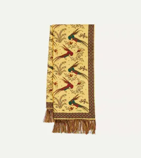 Gold Birds of Paradise Print Tubular Silk Tasselled Scarf