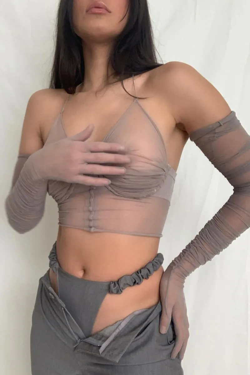 Grey Sheer Halter Crop Top With Gloves