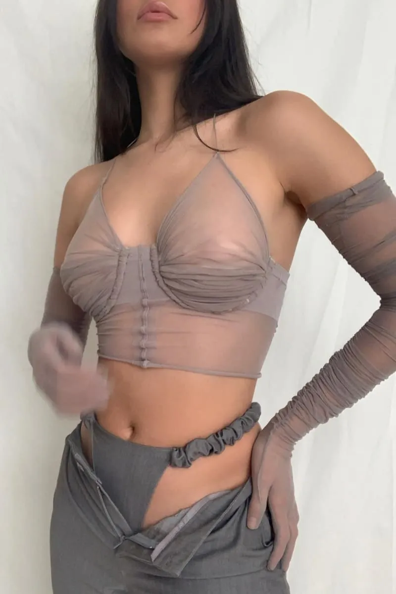 Grey Sheer Halter Crop Top With Gloves