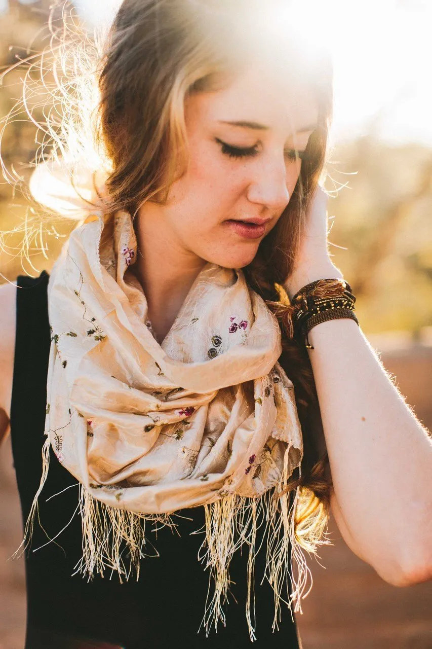 Ivory Embroidered Thai Scarf