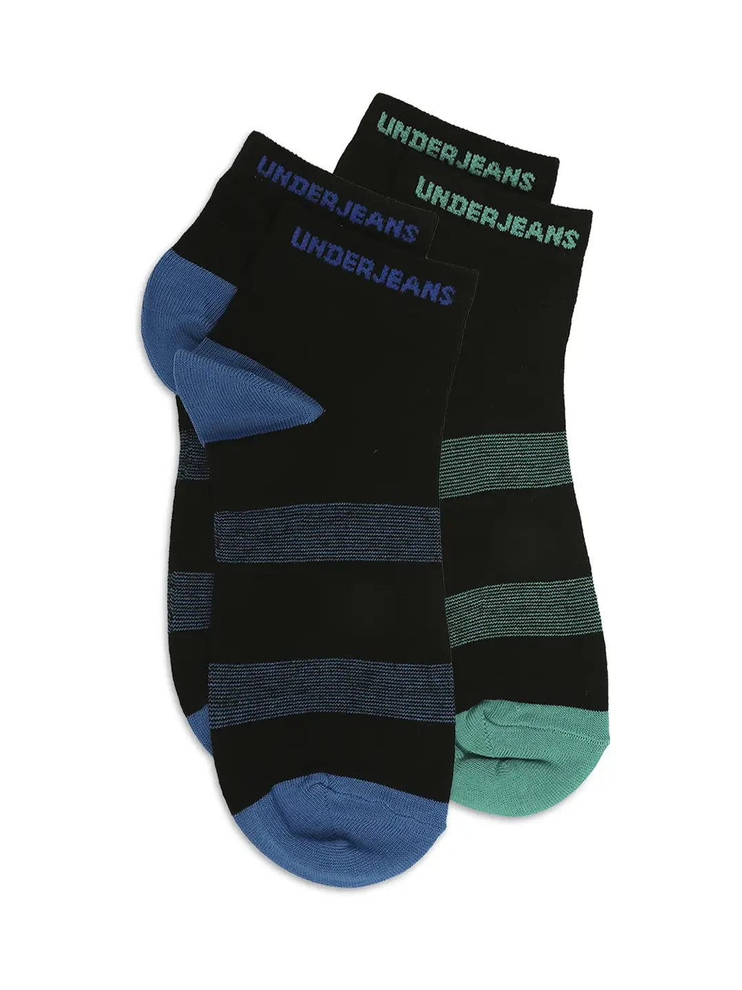 Men Premium Black Royal Blue & Sea Green Ankle Length Socks - Pack Of 2- Underjeans By Spykar