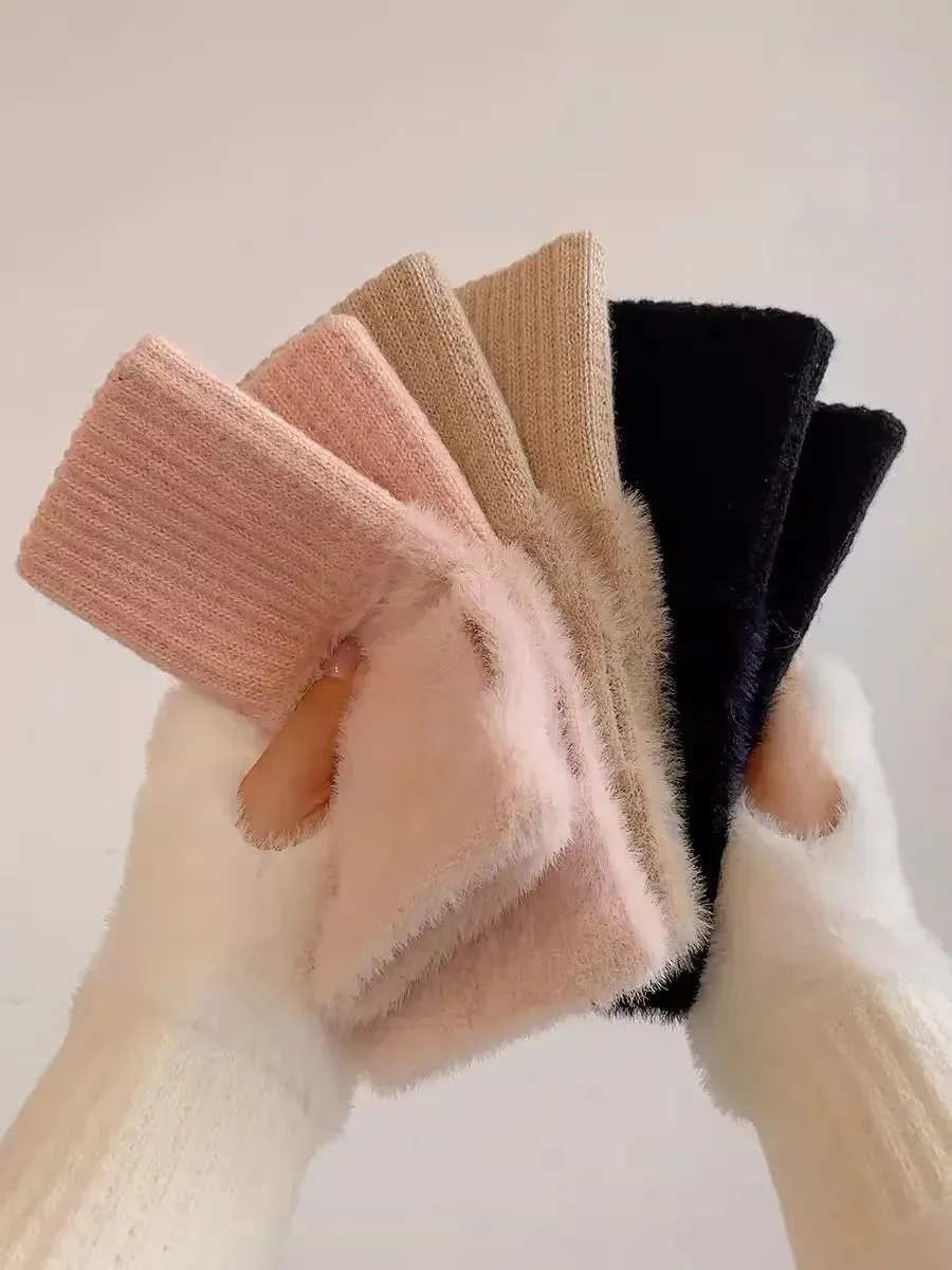 Mink Fleece Soft Winter Half Finger Gloves