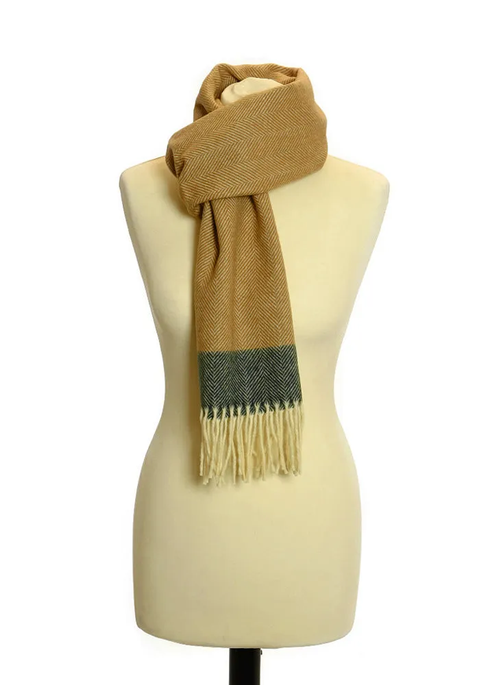 Mustard & Dark Green Herringbone Lambswool Fringe Scarf