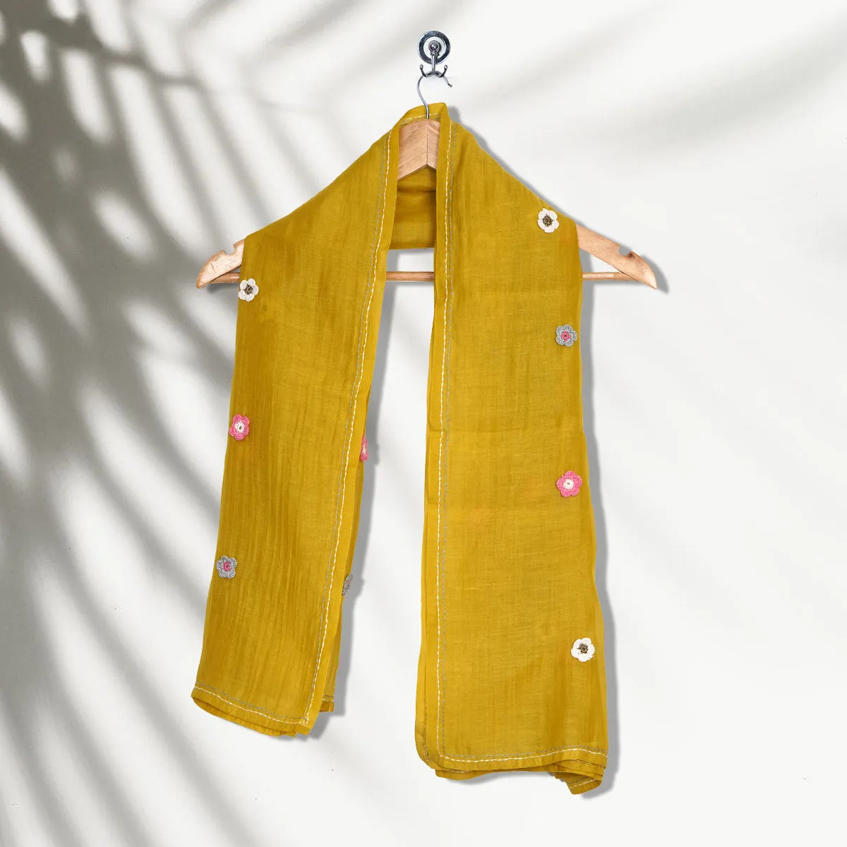 Mustard Color Crochet Embroidered Pure Chanderi Scarf