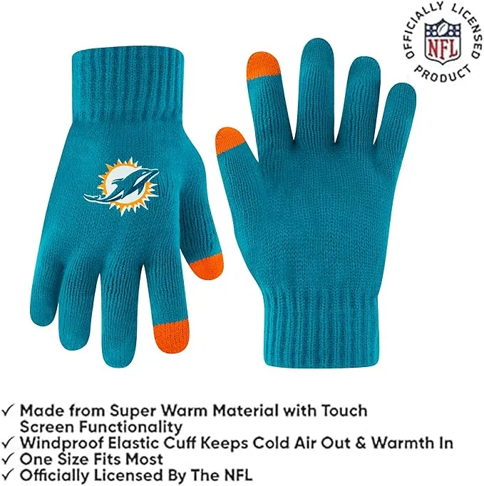 NFL Official Adults Super Soft Heritage Logo Winter Beanie Knit Hat with Extra Warm Touch Screen Gloves|Miami Dolphins