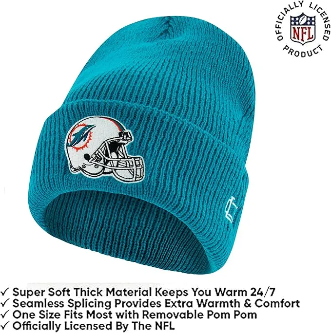 NFL Official Adults Super Soft Heritage Logo Winter Beanie Knit Hat with Extra Warm Touch Screen Gloves|Miami Dolphins