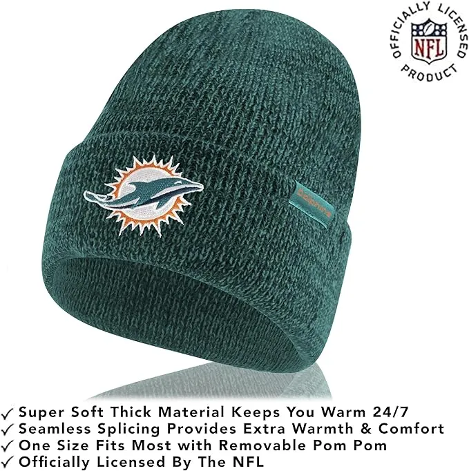 NFL Official Super Soft Marl Knit Winter Beanie Knit Hat with Extra Warm Touch Screen Gloves|Miami Dolphins