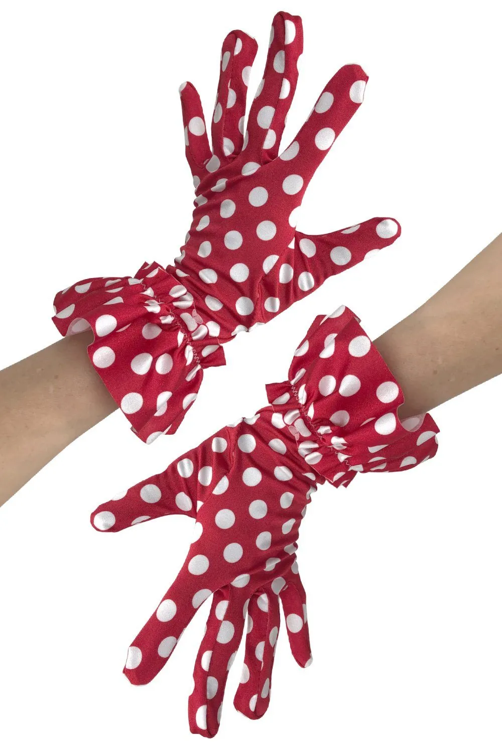 Red and White Polka Dot Short Ruffled Gloves