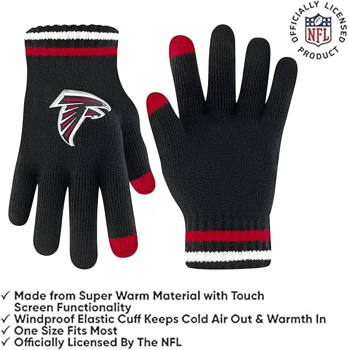 Ultra Game Youth NFL Official Super Soft Team Stripe Winter Beanie Knit Hat with Extra Warm Touch Screen Gloves|Atlanta Falcons