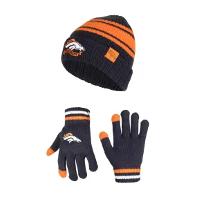 Ultra Game Youth NFL Official Super Soft Team Stripe Winter Beanie Knit Hat with Extra Warm Touch Screen Gloves|Denver Broncos