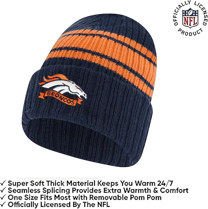 Ultra Game Youth NFL Official Super Soft Team Stripe Winter Beanie Knit Hat with Extra Warm Touch Screen Gloves|Denver Broncos