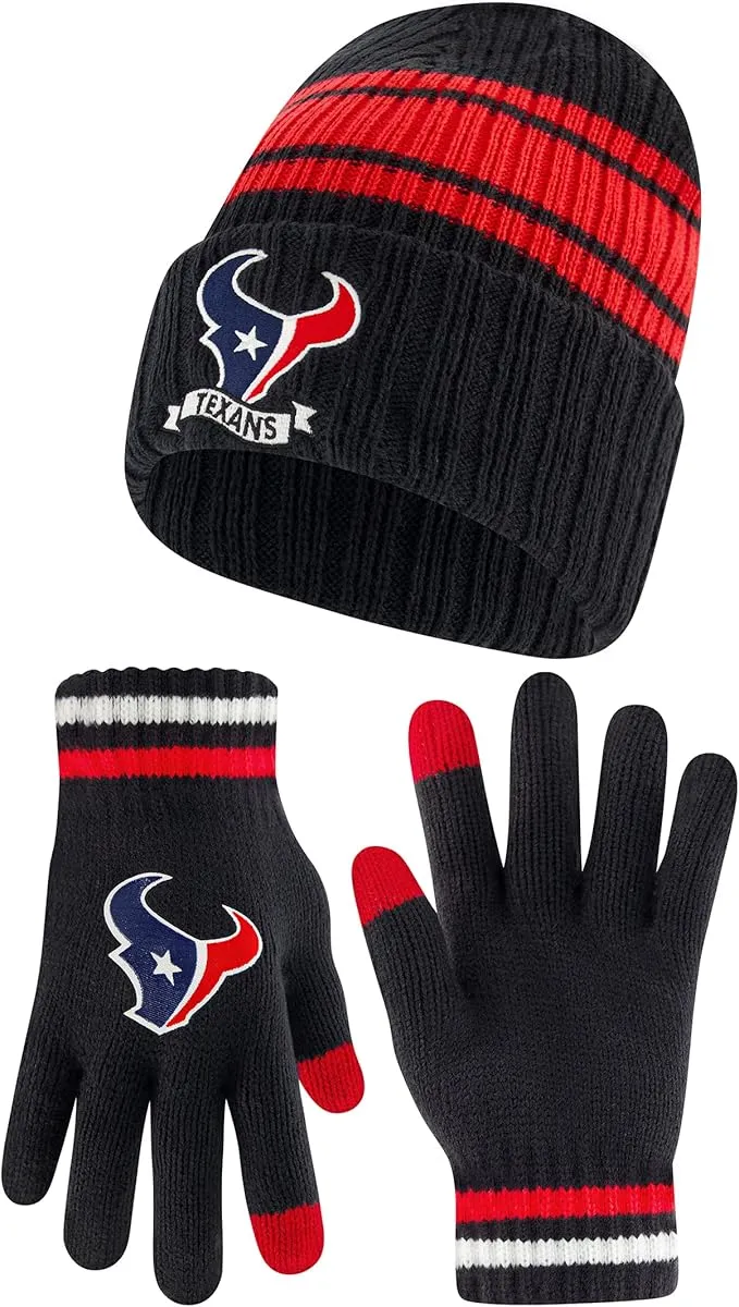 Ultra Game Youth NFL Official Super Soft Team Stripe Winter Beanie Knit Hat with Extra Warm Touch Screen Gloves|Houston Texans