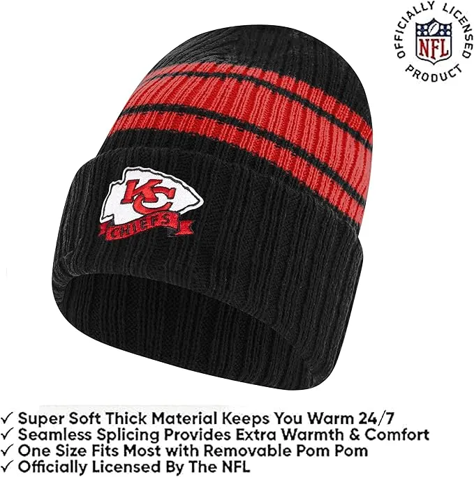 Ultra Game Youth NFL Official Super Soft Team Stripe Winter Beanie Knit Hat with Extra Warm Touch Screen Gloves|Kansas City Chiefs