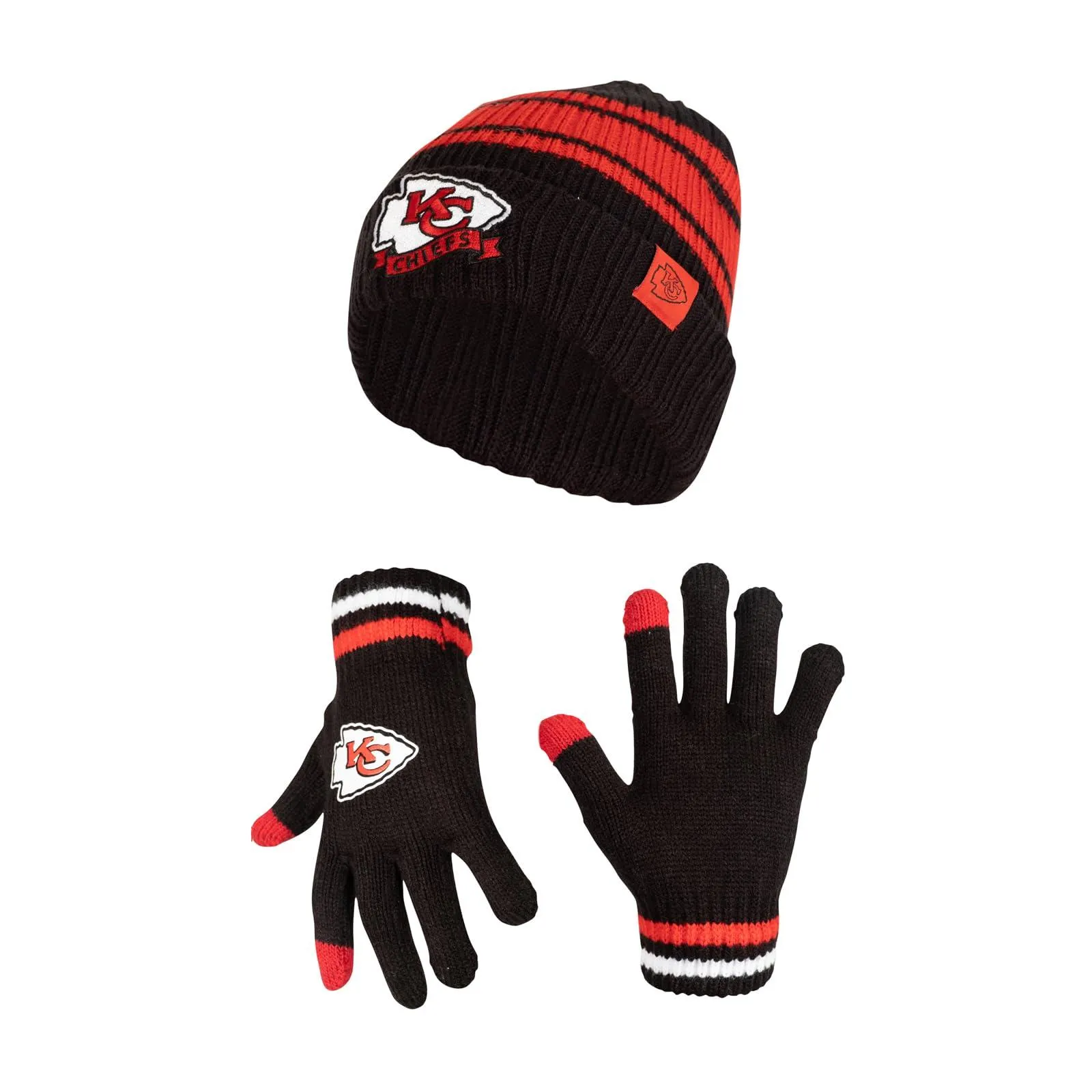 Ultra Game Youth NFL Official Super Soft Team Stripe Winter Beanie Knit Hat with Extra Warm Touch Screen Gloves|Kansas City Chiefs