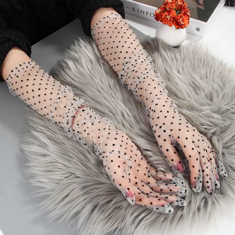 Women Short Tulle Stretchy  Spots Mesh Lace Gloves