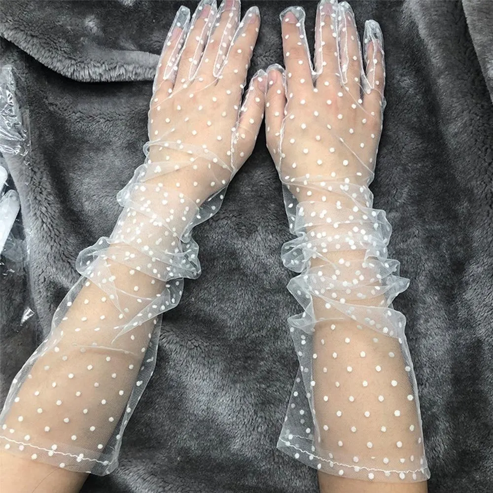 Women Short Tulle Stretchy  Spots Mesh Lace Gloves