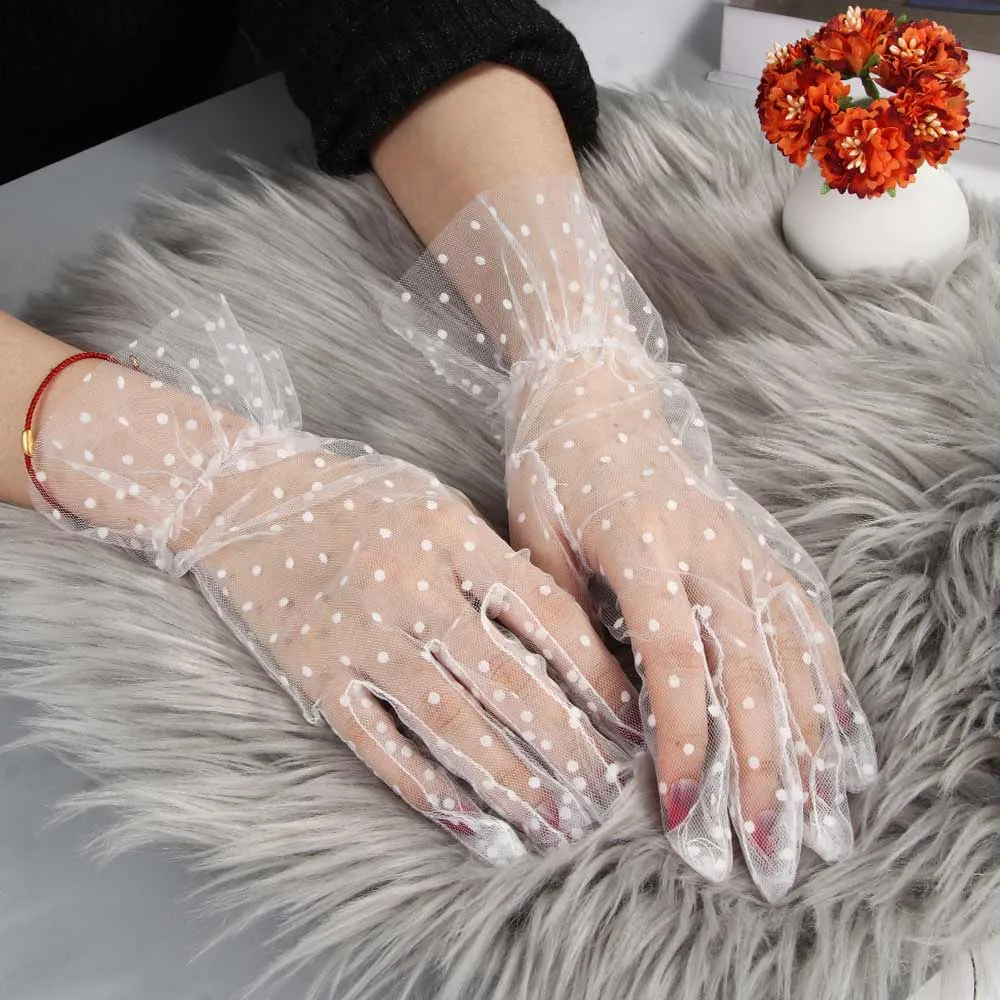 Women Short Tulle Stretchy  Spots Mesh Lace Gloves